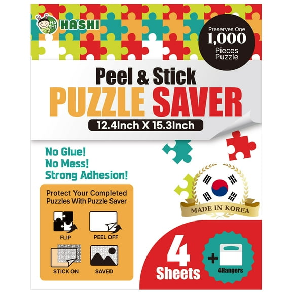 HASHI Puzzle Saver 4 Sheets (12.4 x 15.3 Inches) with 4 Hangers Preserve 1 x 1000 Piece Puzzle Jigsaw Puzzle Glue Sheets Easy Peel & Stick No Mess Puzzle Backing Adhesive Sheets