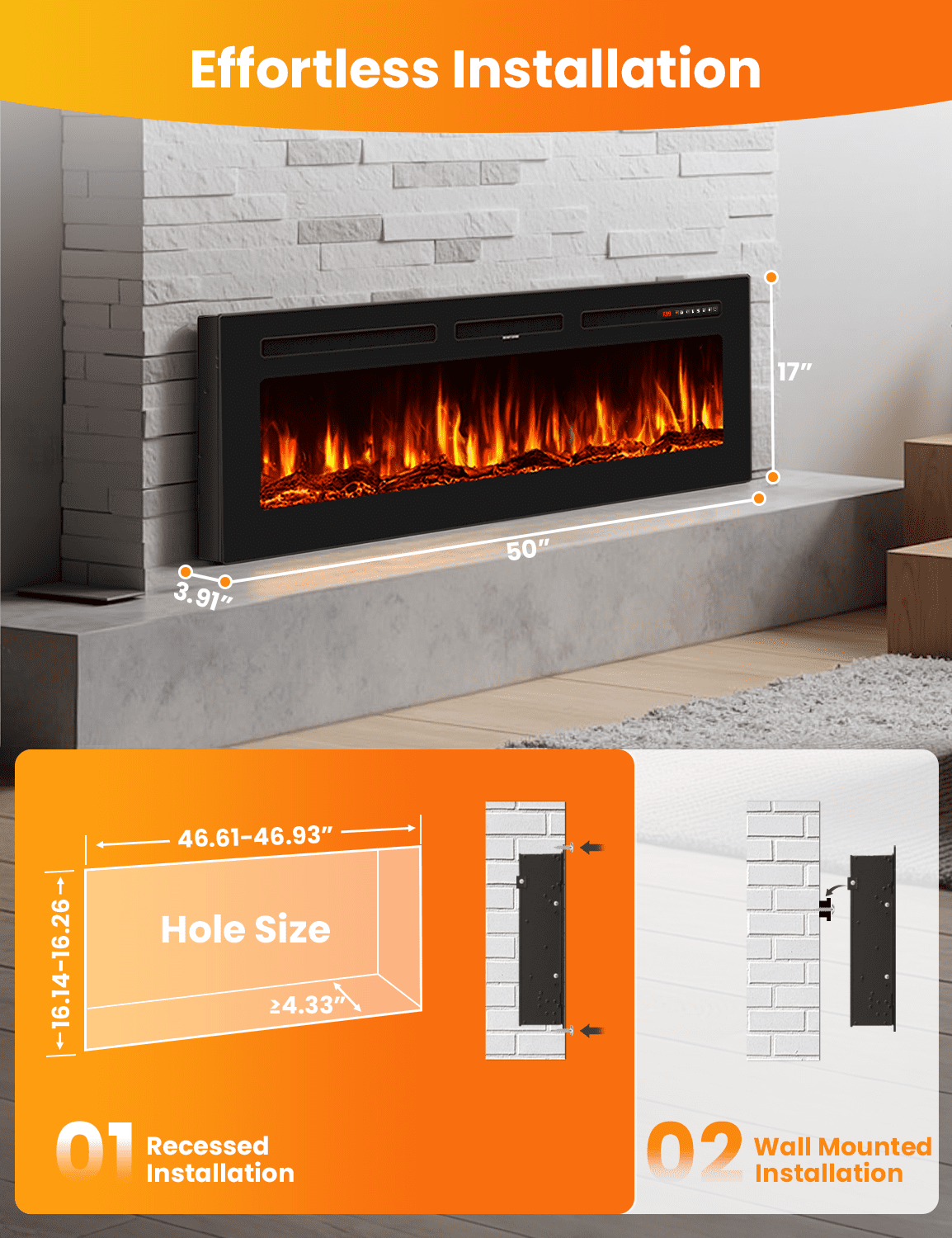 Patiosunny 50" WiFi Electric Fireplace, Freestanding/Inserts/Wall Mounted Fireplace Heater, 12 Flame Colours, with WiFi Remote Control&Smart App, 12H Timer, for Living Rooms and Bedrooms