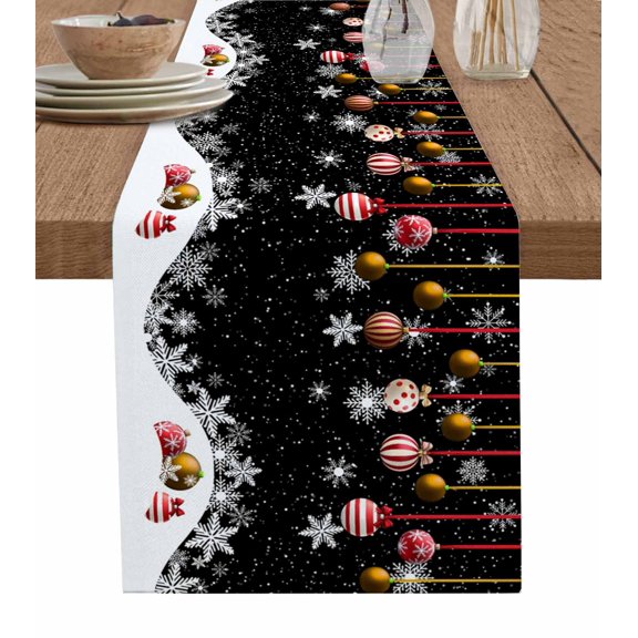 Boanket Black Christmas Table Runner - 90 Inch Long, Kitchen Dining Table Runner Dresser Scarves, Xmas Balls White Snowflake Farmhouse Home Decor for Coffee Table Wedding Party Banquet