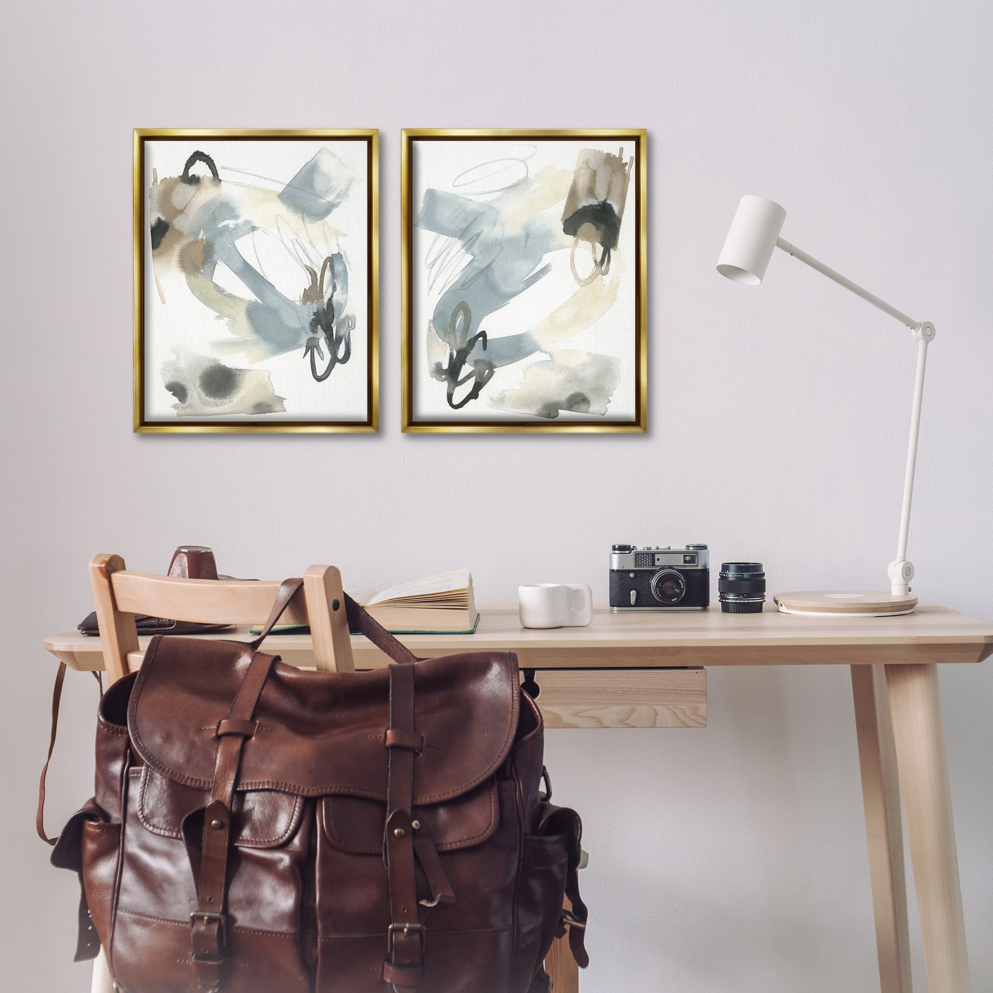 Stupell Industries Abstract Gray Brown Watercolor Abstract Painting Gold Floater Framed Canvas Art Print Wall Art, 17 x 21, Set of 2