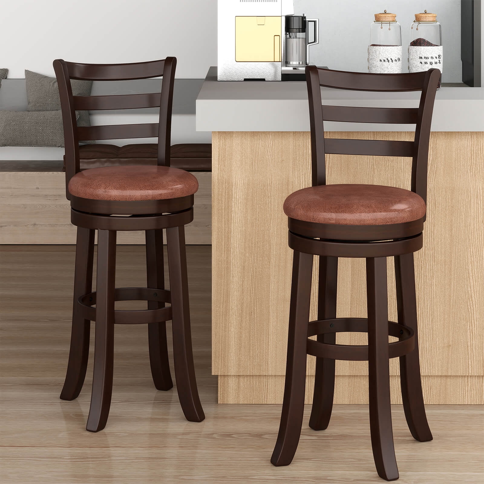 Costway 30” Bar Height Swivel Barstools Set of 2 with Back, Faux Leather Seat for Pub