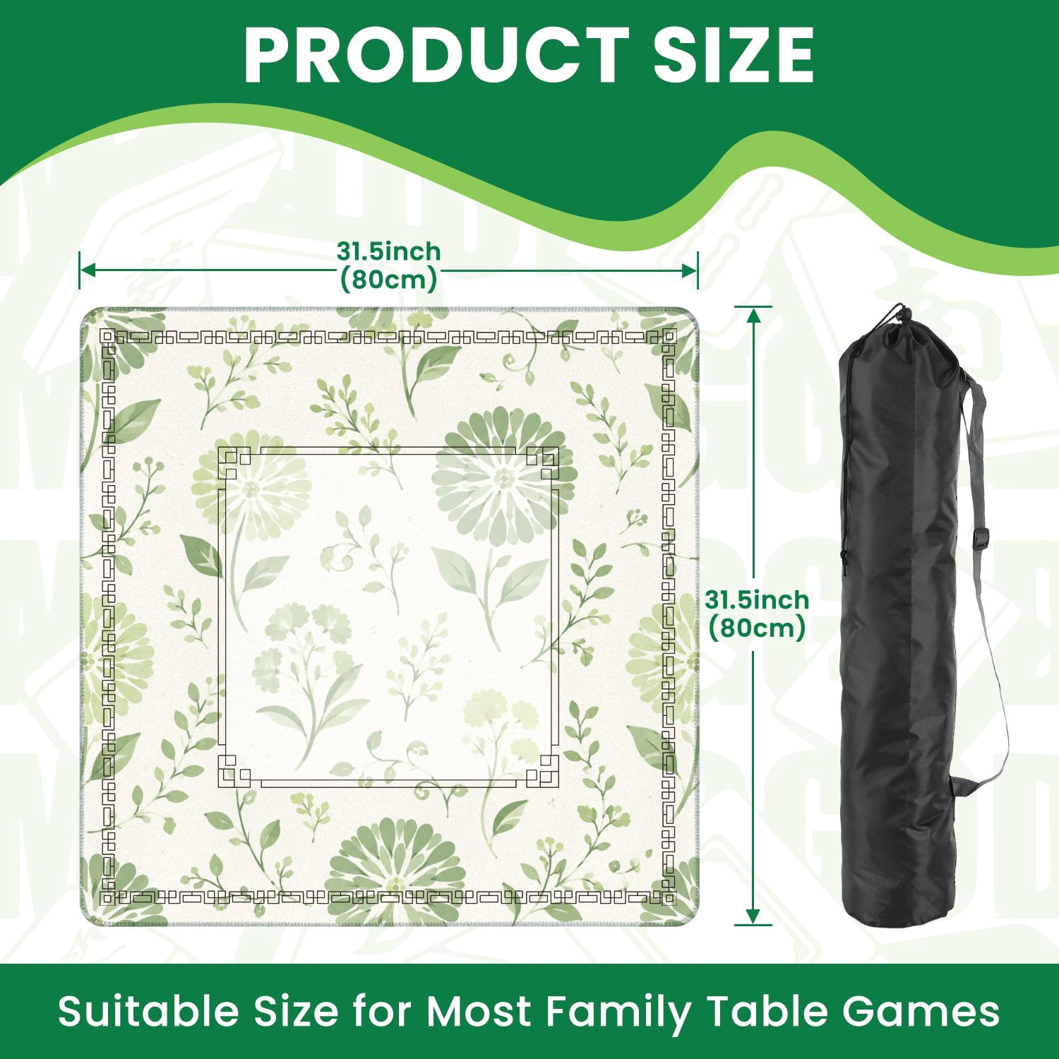 Mahjong Mat 31.5" x 31.5" Seamless Green Floral Botanical Elements Light Non-Slip Noise Reduction American Mahjong Tiles Table Cover for Dominoes Poker Card Board Games Gift