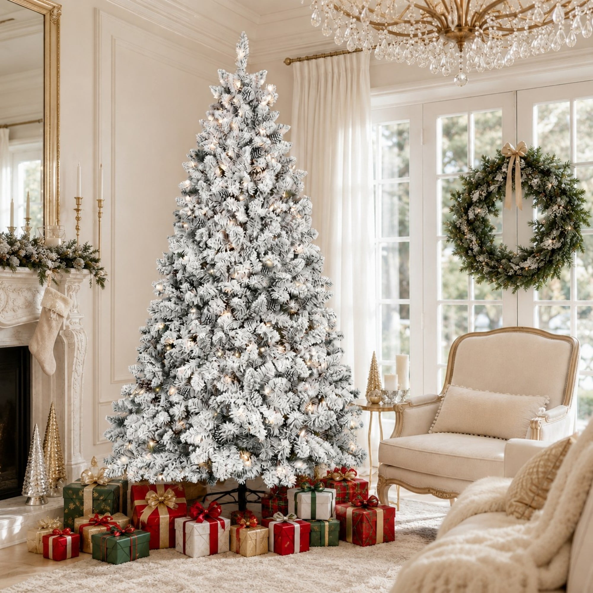 DEALTOPS 8 FT Snow-Flocked Pre-Lit Artificial Christmas Tree, 1754 Tips & 700 UL Lights, Pine Cones & Stand