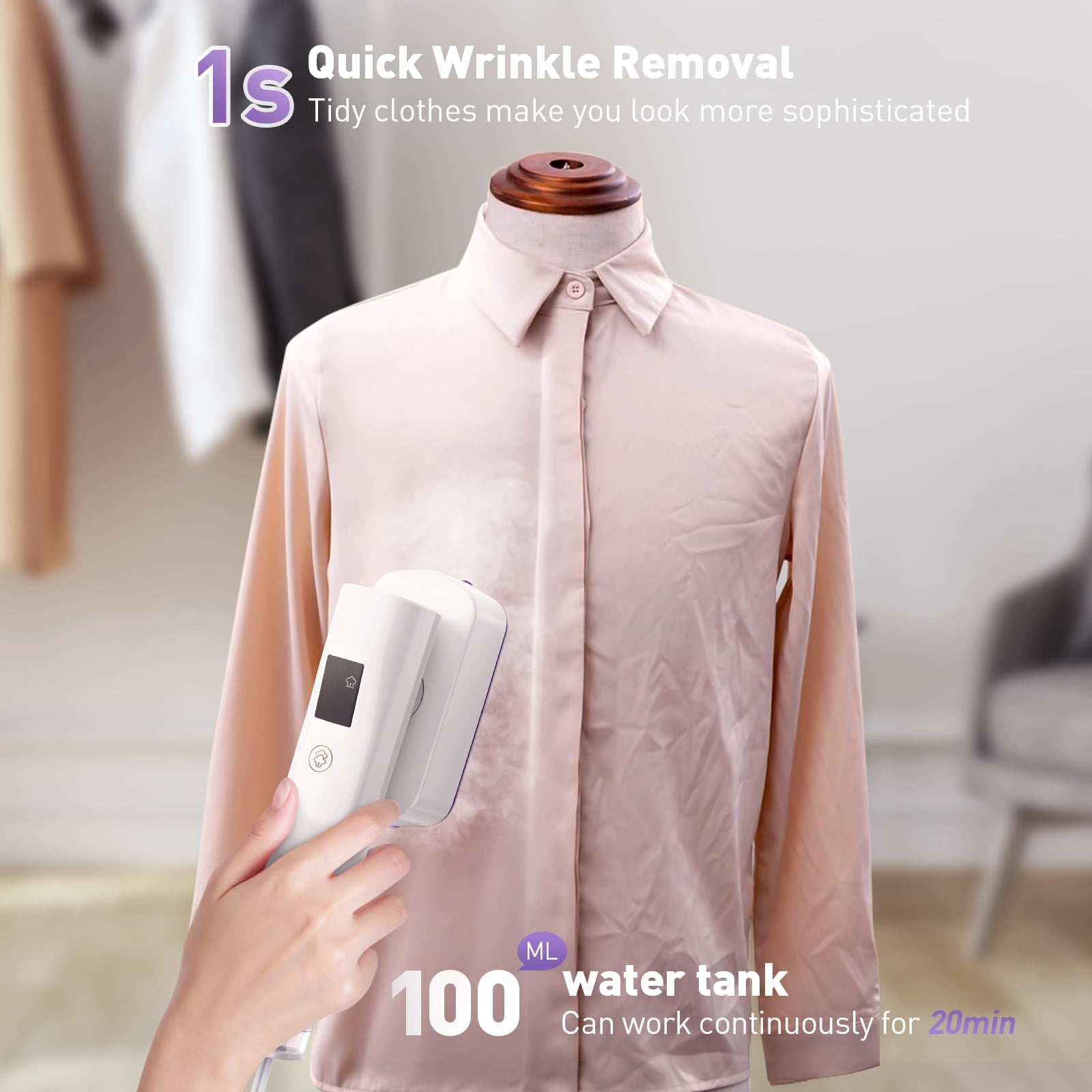 Portable Handheld Travel Steamer for Clothes, 1200W, 3 Steam Levels, 15s Heat-Up, 20 Min of Continuous Steam, Ideal for Home and Travel