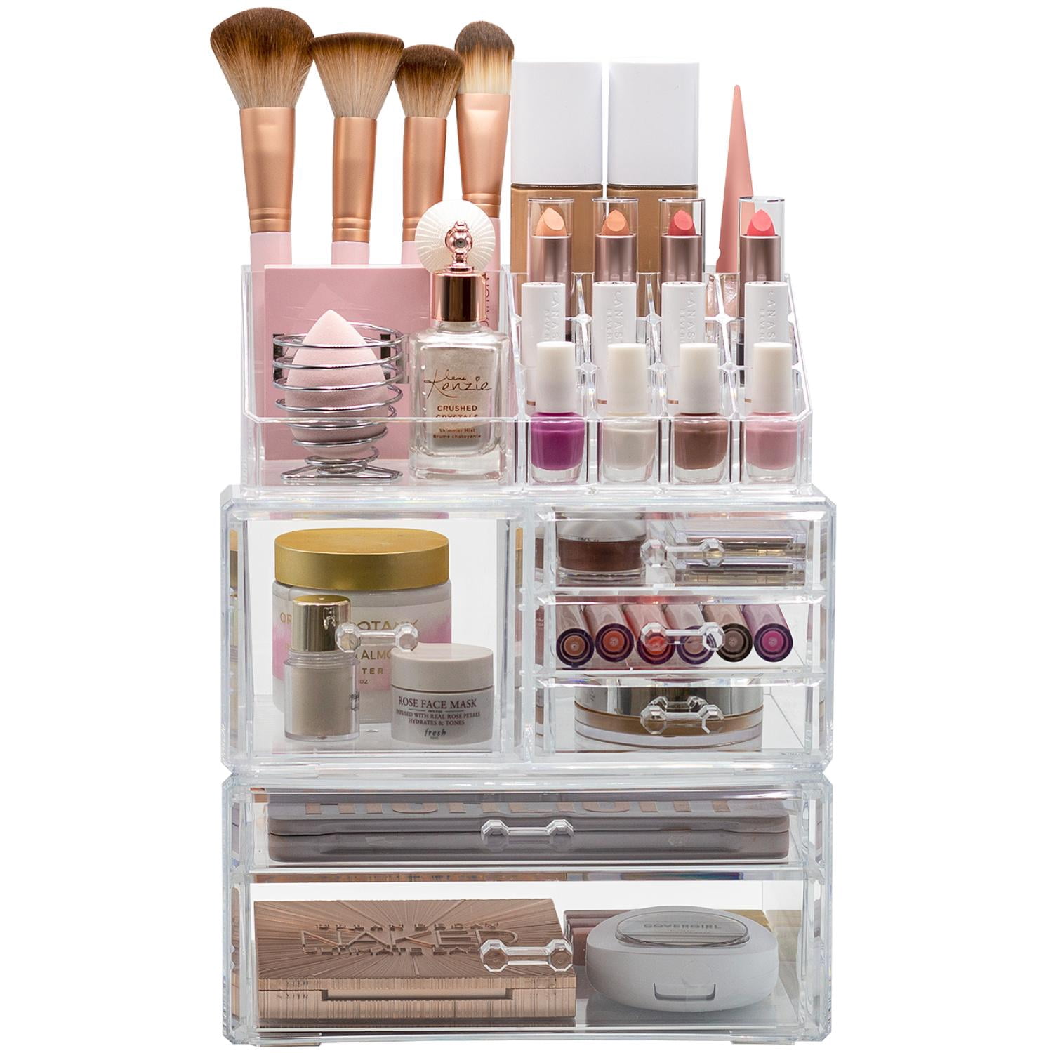 Sorbus Large Clear Makeup Organizer with 6 Drawers & 16 Slots, 3-Piece Detachable Storage