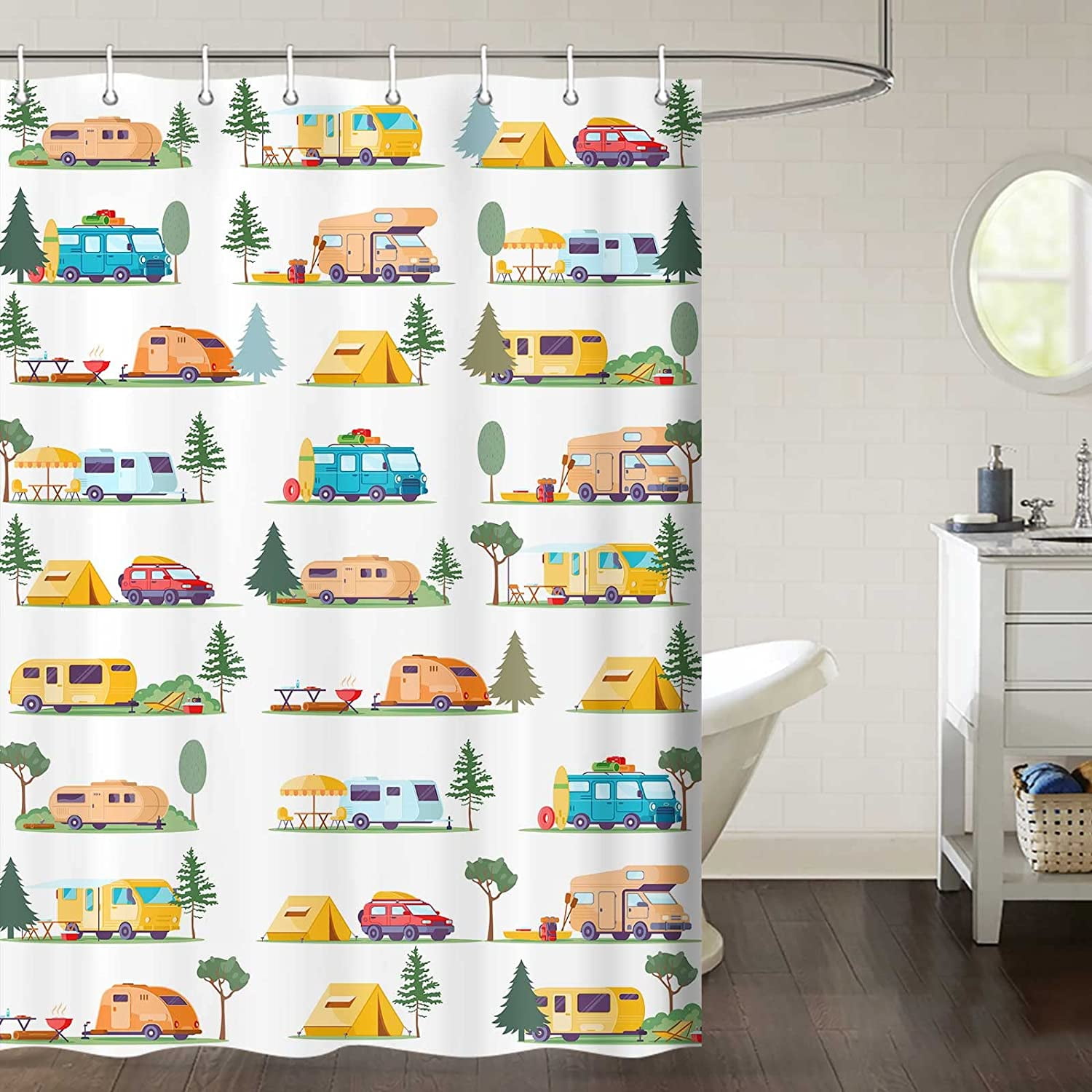 QIBAIDAN Camper Shower Curtain for RV Bathroom Rustic Wood Travel
