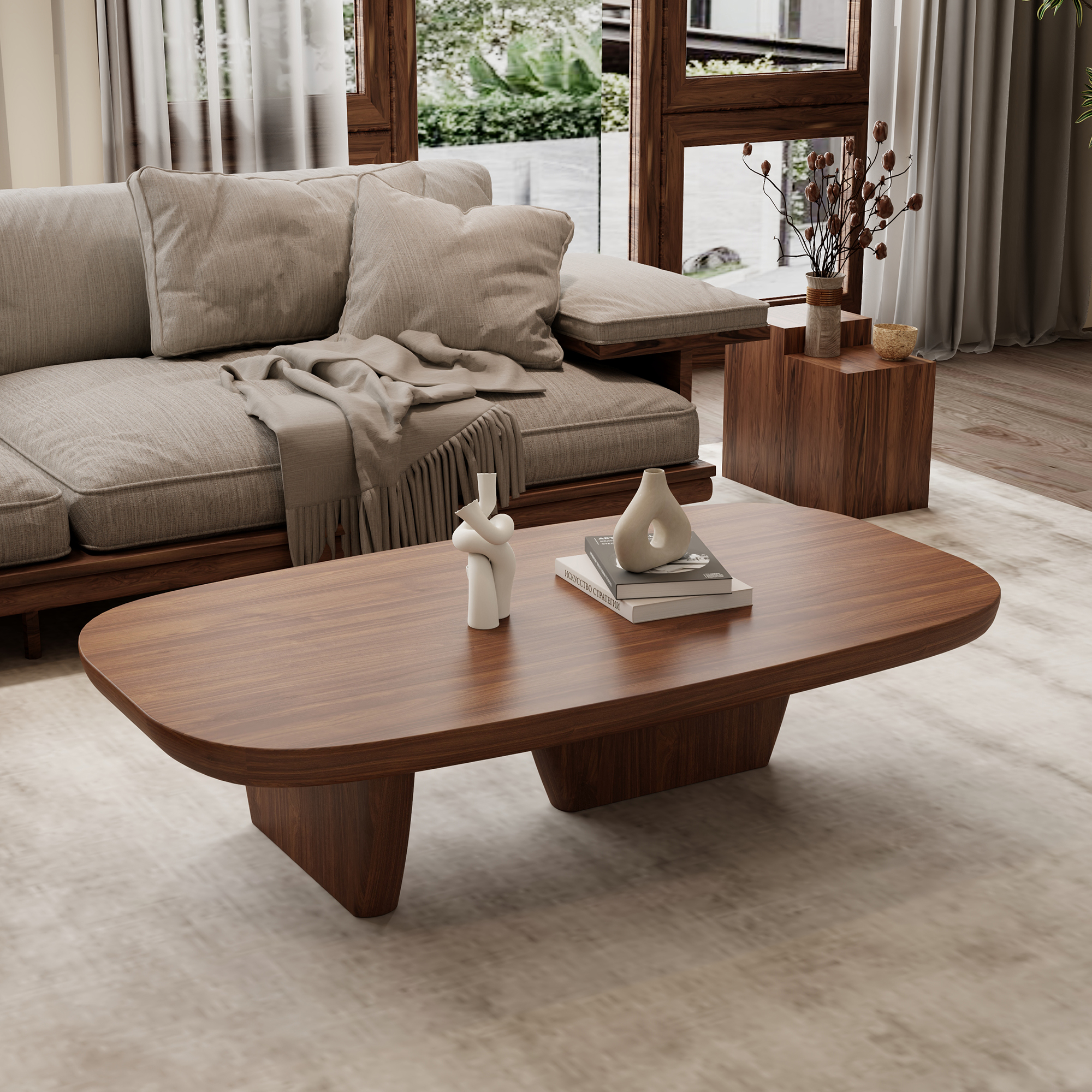 Modern Wood Coffee Table for Living Room, 51.2" Dark Brown Rectangle Coffee Table with 2 Unique Legs, Center Table Accent Tea Table for Living Room