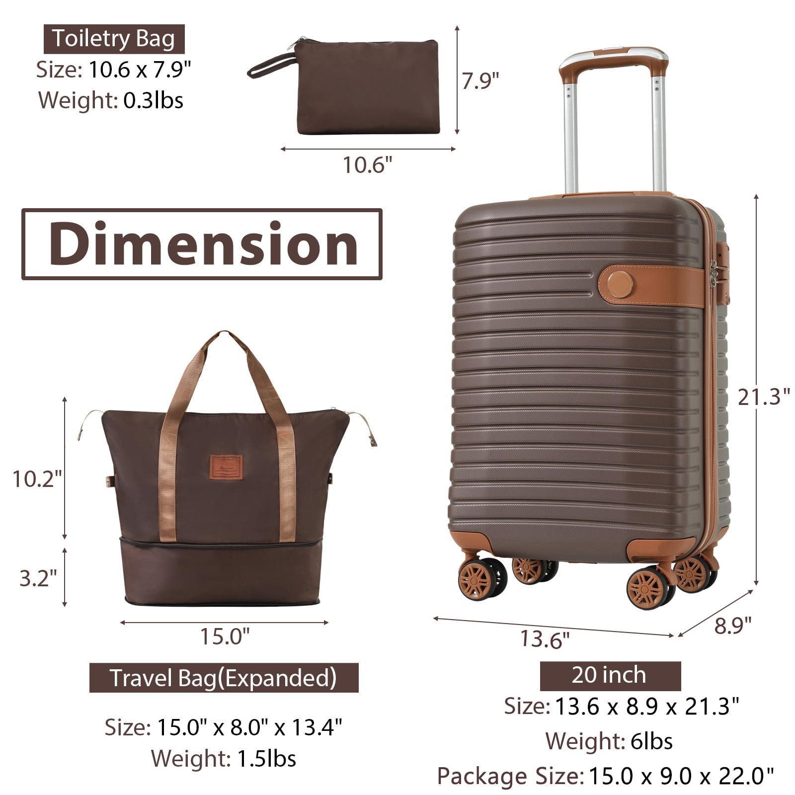 Luggage Sets 3 Piece Carry on Luggage 22x14x9 Airline Approved, Lightweight Hardshell ABS Suitcases with Wheels, 20 inch, Brown