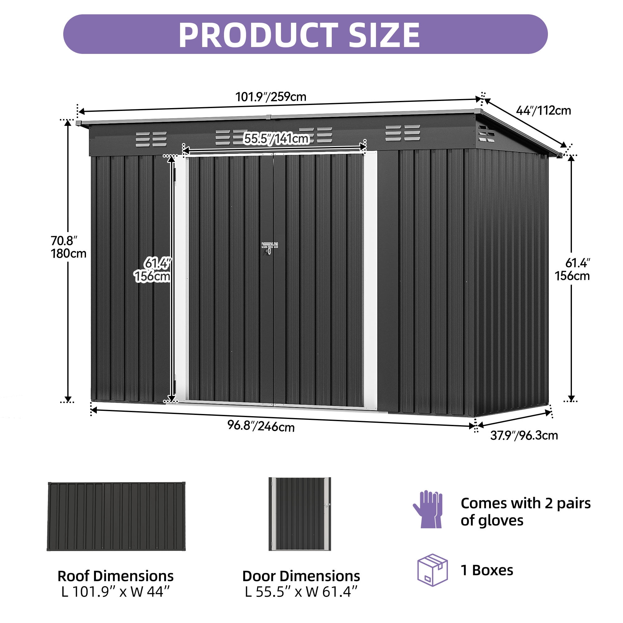 Uforic 8.5' x 3.5' Oversized Steel Outdoor Storage Shed, Heavy-Duty Tool Shed with Lockable Doors and Sloped Roof, Multipurpose Storage for Garden Patio Garage Backyard Lawn, Dark Gray