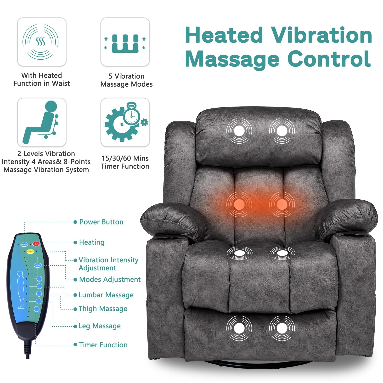 MEETWARM Massage Swivel Rocker Recliner with Heat and Vibration, Manual Glider Rocking Recliner Chair, 360°Swivel Lounge Reclining Chair with USB Ports/Cup Holder/Remote Control(Plush-Gray)