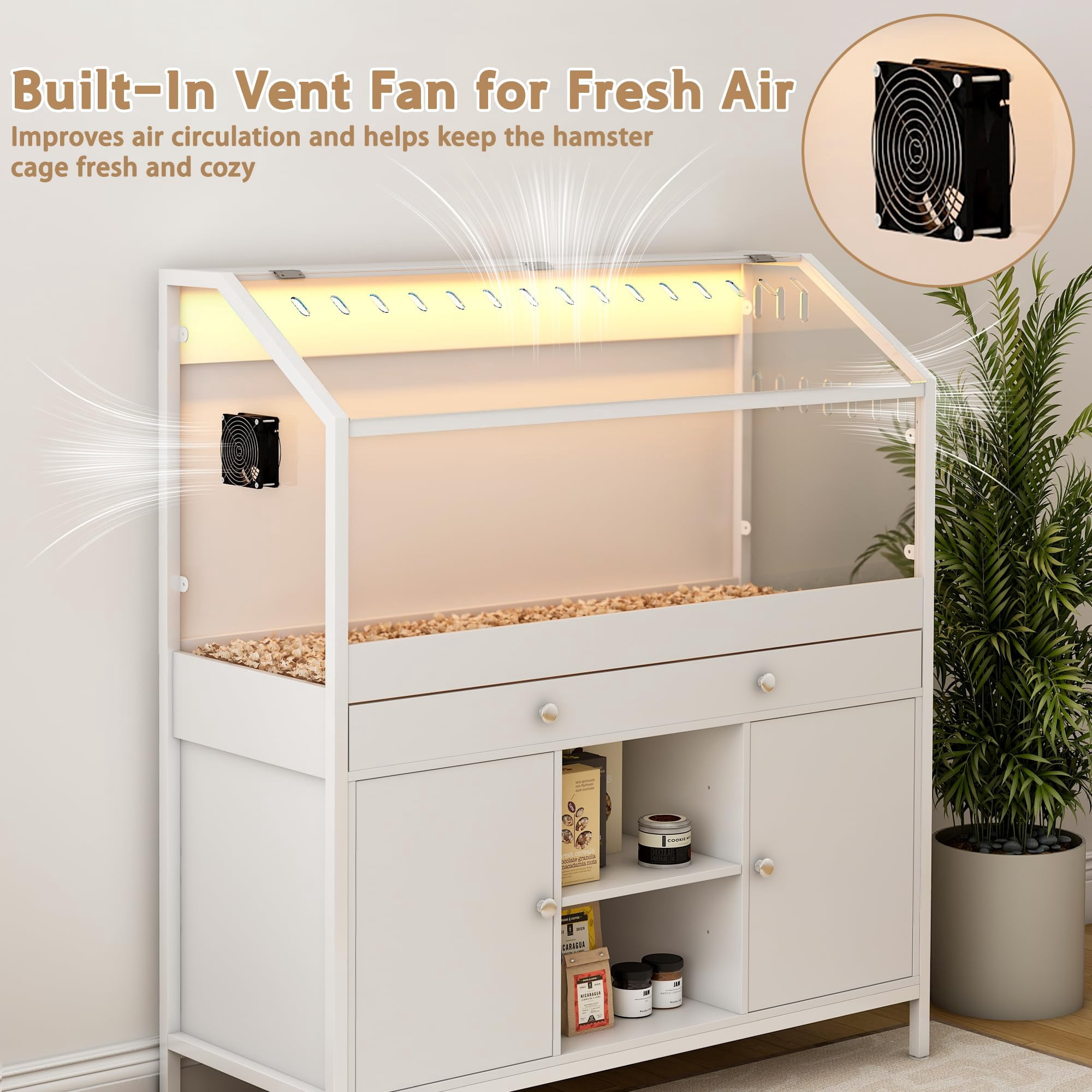 Akaber 43.3" Small Animal Cage with Storage Cabinet, Large Habitat with LED Light and Fan, Acrylic Panels