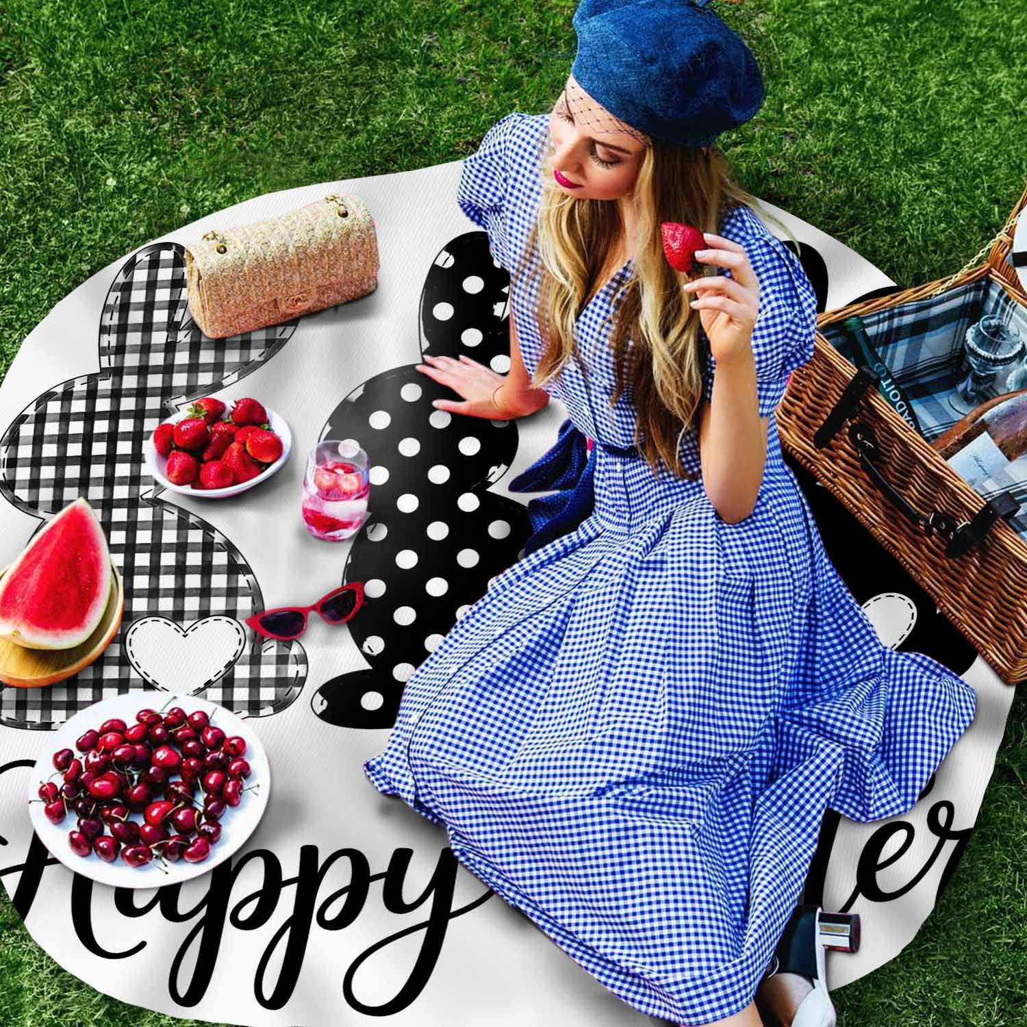 Round Tablecloth Happy Easter Waterproof Oil Proof Polyester Table Cloth Cover Decor for Home Dining Outdoor,Patio,Parties, 54" Dia. Easter Bunny Tails Black White