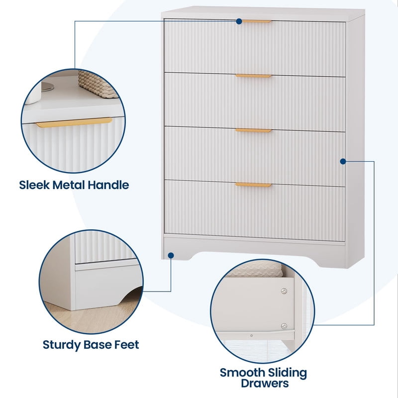 TROPOW 4 Drawers Dresser for Bedroom, Fluted Dresser Chest of Drawers with Handle, Wood Modern Dressers for Closet, Bedroom Furniture Storage Organizer for Living Room, Hallway