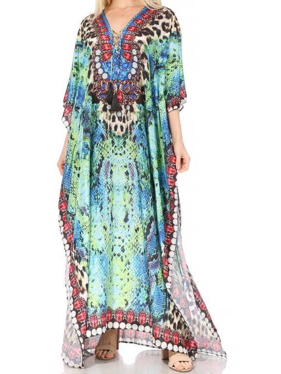 Georgettina Flowy Rhinestone V Neck Long Caftan Dress / Cover Up - Turquosie / Black - One Size