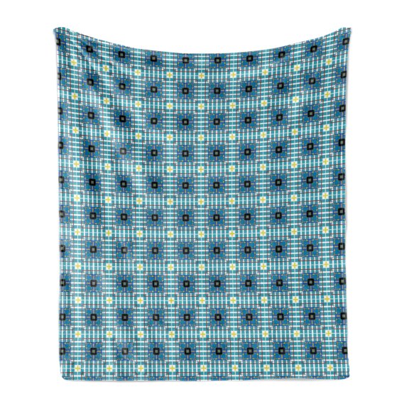 Geometric Soft Flannel Fleece Blanket, Vintage Style Squares Along Inner Checkered Stripes Ornamental Motifs, Cozy Plush for Indoor and Outdoor Use, 60" x 80", Turquoise Multicolor, by Ambesonne