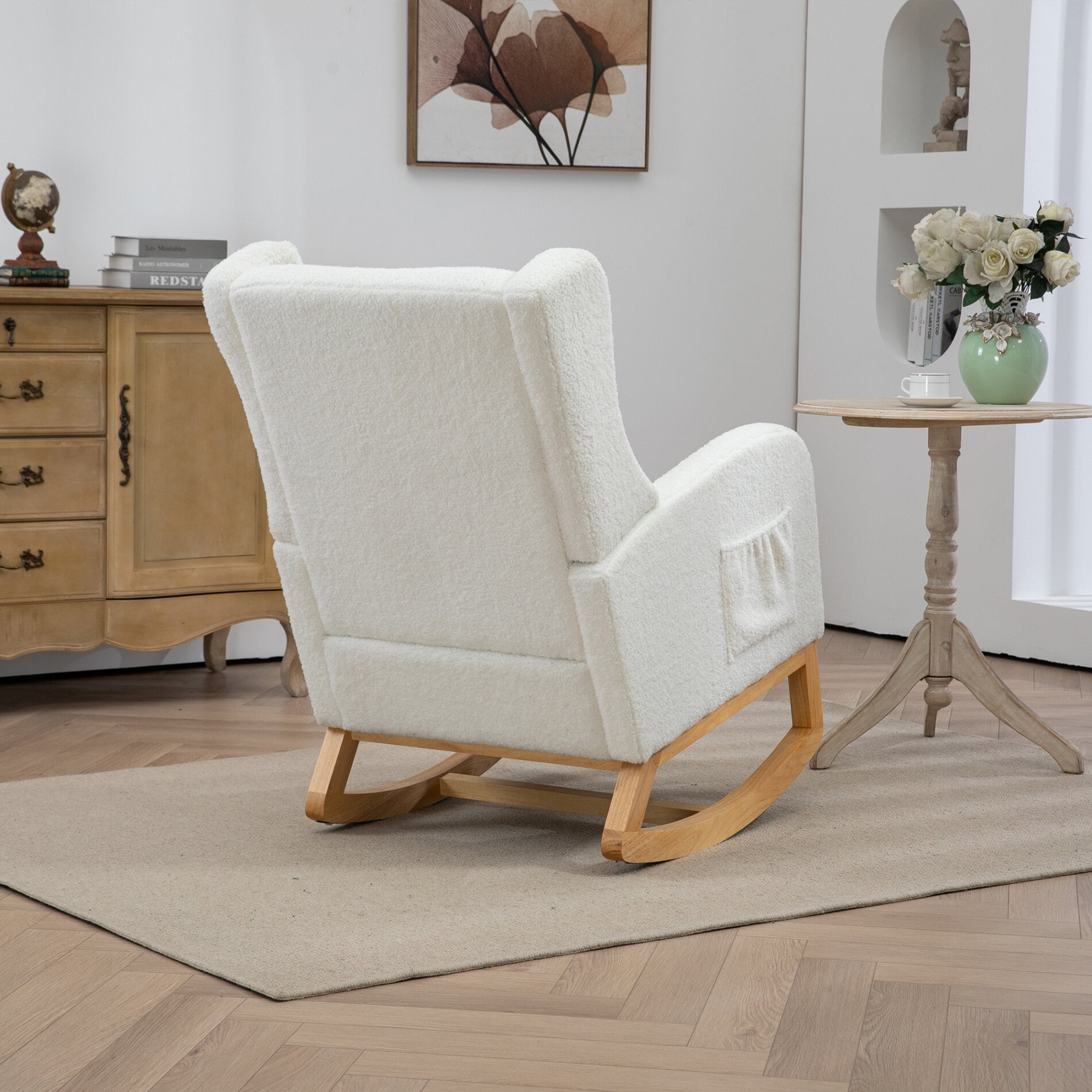 25.4"W Sherpa Upholstered Nursery Glider Chair with Retractable Footrest & Side Pocket, Mid-Century Wingback Rocking Armchair for Baby Room, Kids Bedroom and Living Room, Ivory