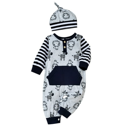 

Listenwind Baby Boy Romper Animal Print Long Sleeve + Hat Small Lion Striped Big Pocket Fall Clothes