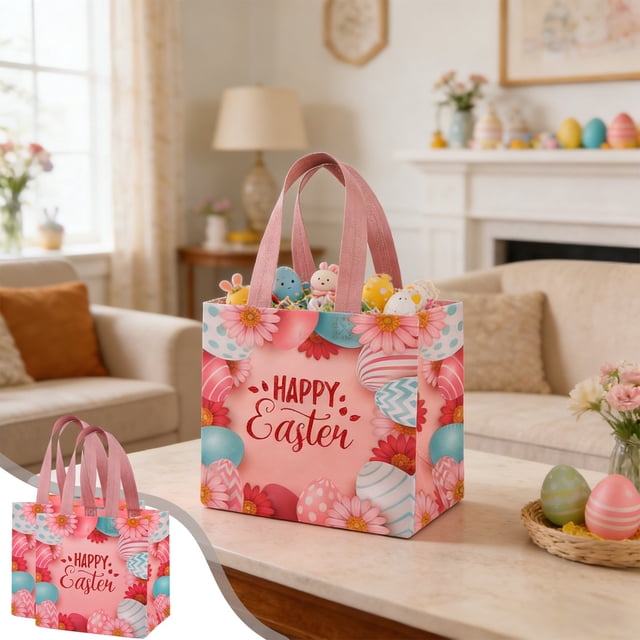 Uuiauoio Easter Gift Bags, 2Pcs Large Size Bulk Happy Easter Bags for Gifts,Non-Woven Tote Bag with Handles Rabbit Goodie Treat Bag Perfect for Easter Egg Hunt Holiday Gift Wrap Party Favor Supplies