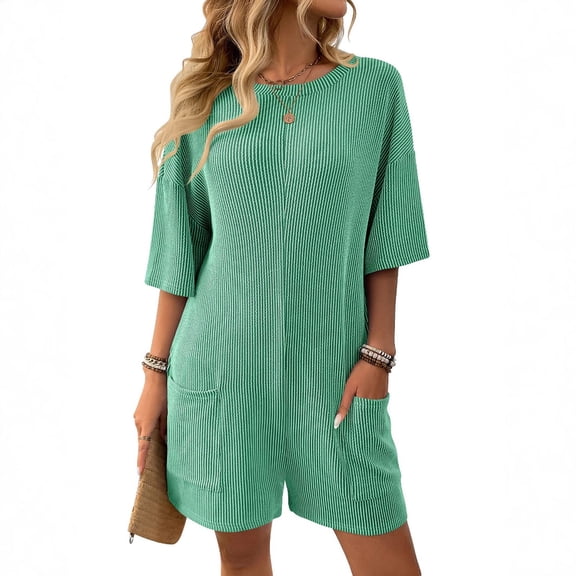 Women Fashion Solid Round-neck Short Sleeve Pockets Short Jumpsuit