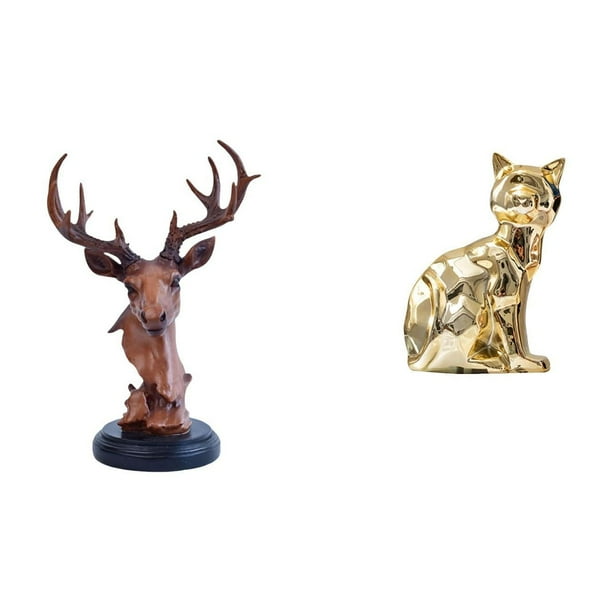 Figura Decorativa De Cabeza De Gato Y Ciervo, Escultura Artesanal De Animales, Estatua, Decoración Del Hogar, Adorno Decorativo, Arte De Resina Para Mesita De Noche, Escritorio Y Chimenea.