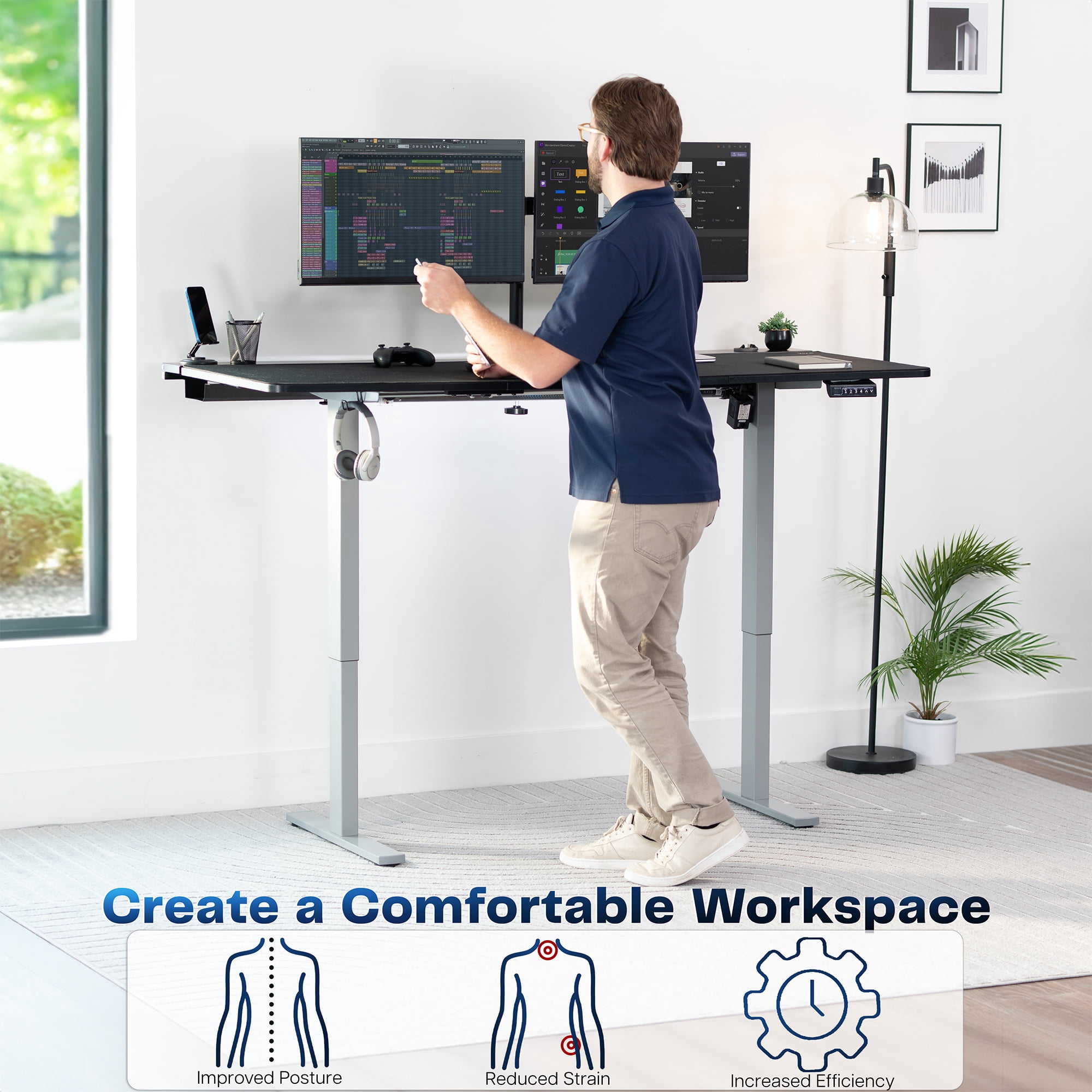 VIVO Electric 71" x 30" Desk, Full Pad, Black Hidden Cable Tabletop, Gray Frame
