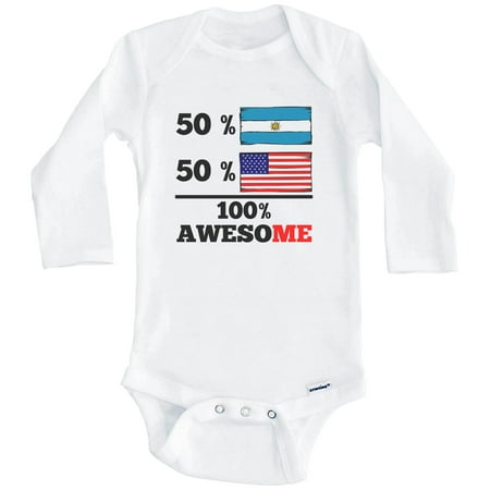 

50% Argentinian 50% American 100% Awesome Funny Argentina Flag One Piece Baby Bodysuit (Long Sleeve) 6-9 Months White