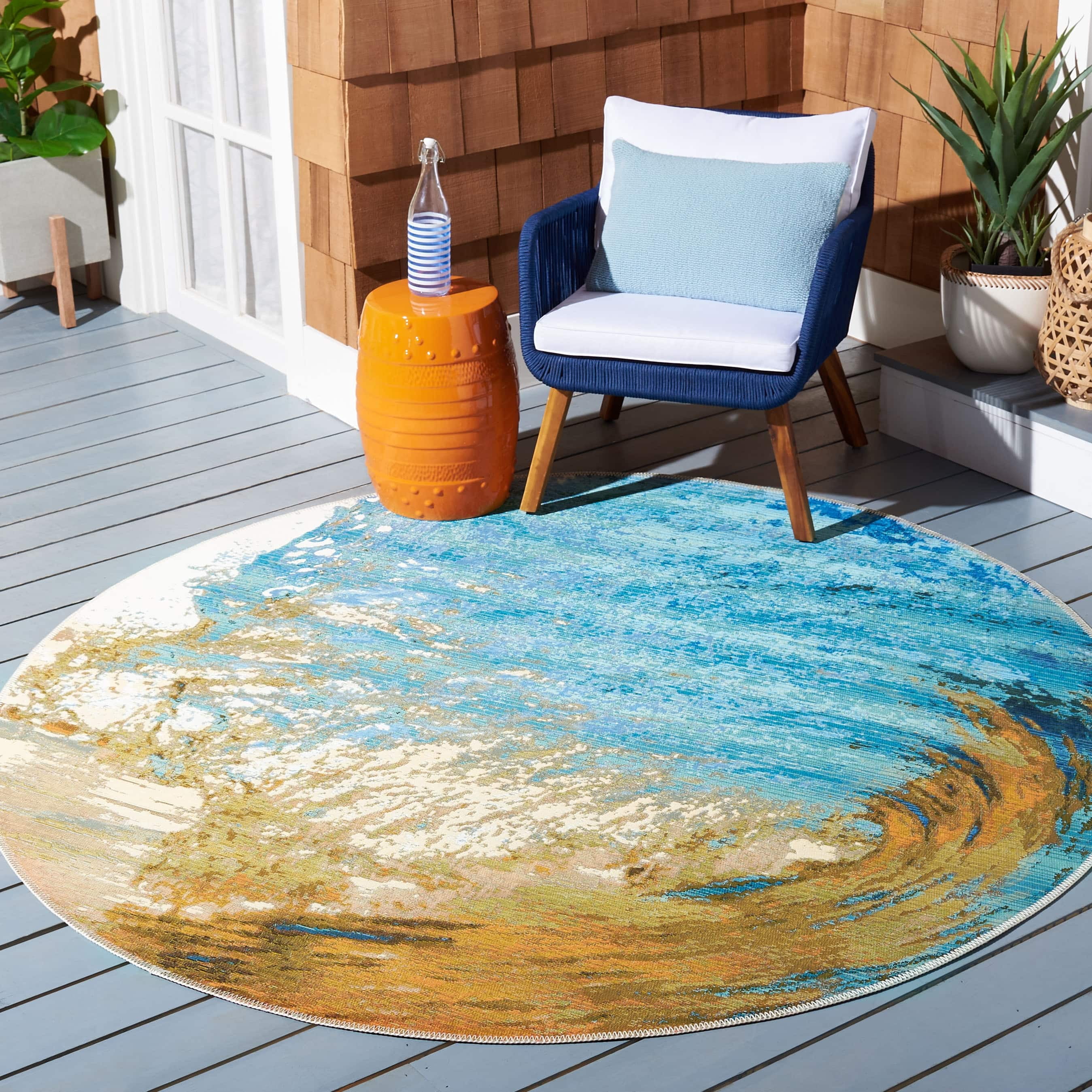 SAFAVIEH Barbados Sunset Waves Outdoor Area Rug, 8' x 10'5", Blue/Gold