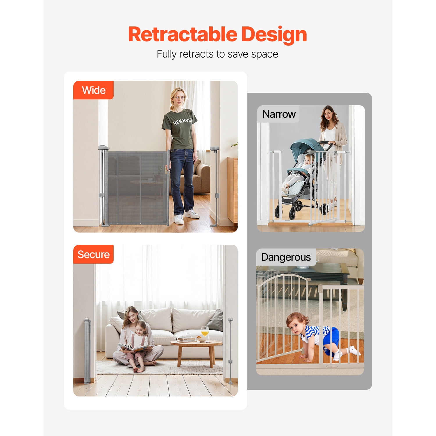 KFFKFF Retractable Baby Gate, 34-inch Height, Expands up to 55-inch Width, Safety Gate for Children or Pets, Durable Mesh Design, Simple Installation for Stairs, Doorways, Hallways, and Play Areas