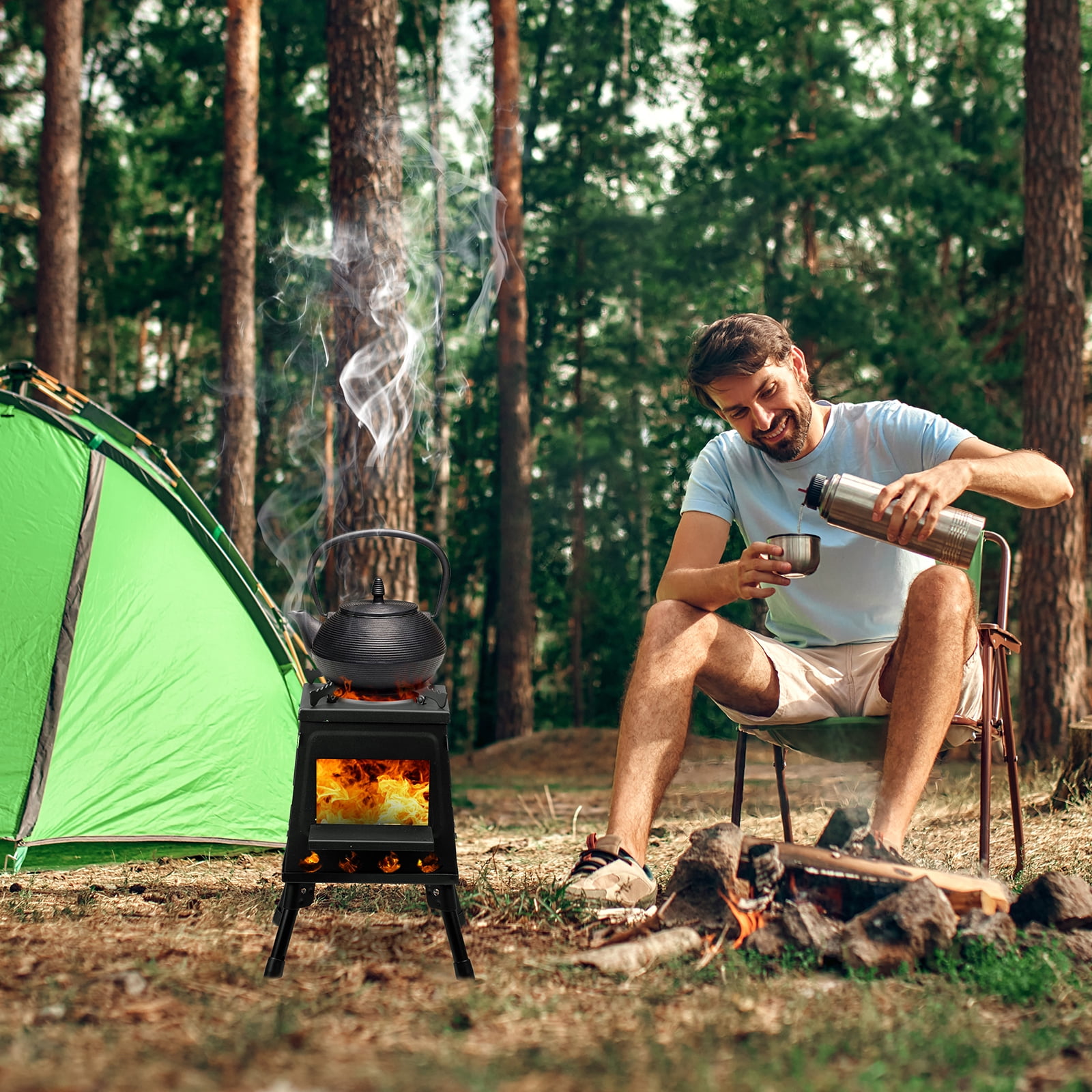 Tcbosik Camping Wood Burning Stove with Carrying Bag, Portable Heat Stove for Outdoor Cooking Heating Picnic Hiking BBQ Travel, Black