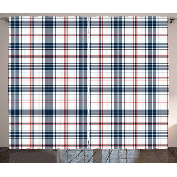 Ambesonne Plaid Curtains 2 Panel Set, British Country Pattern, 108" x 63", Vermilion Navy Blue