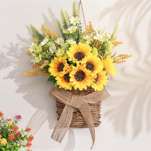 Fall Wreath Sunflower Wreaths Basket 17" for Front Door - Handwoven Rattan Wreath with Sunflower and Wildflower Bouquet, Farmhouse Spring and Summer Porch Decor