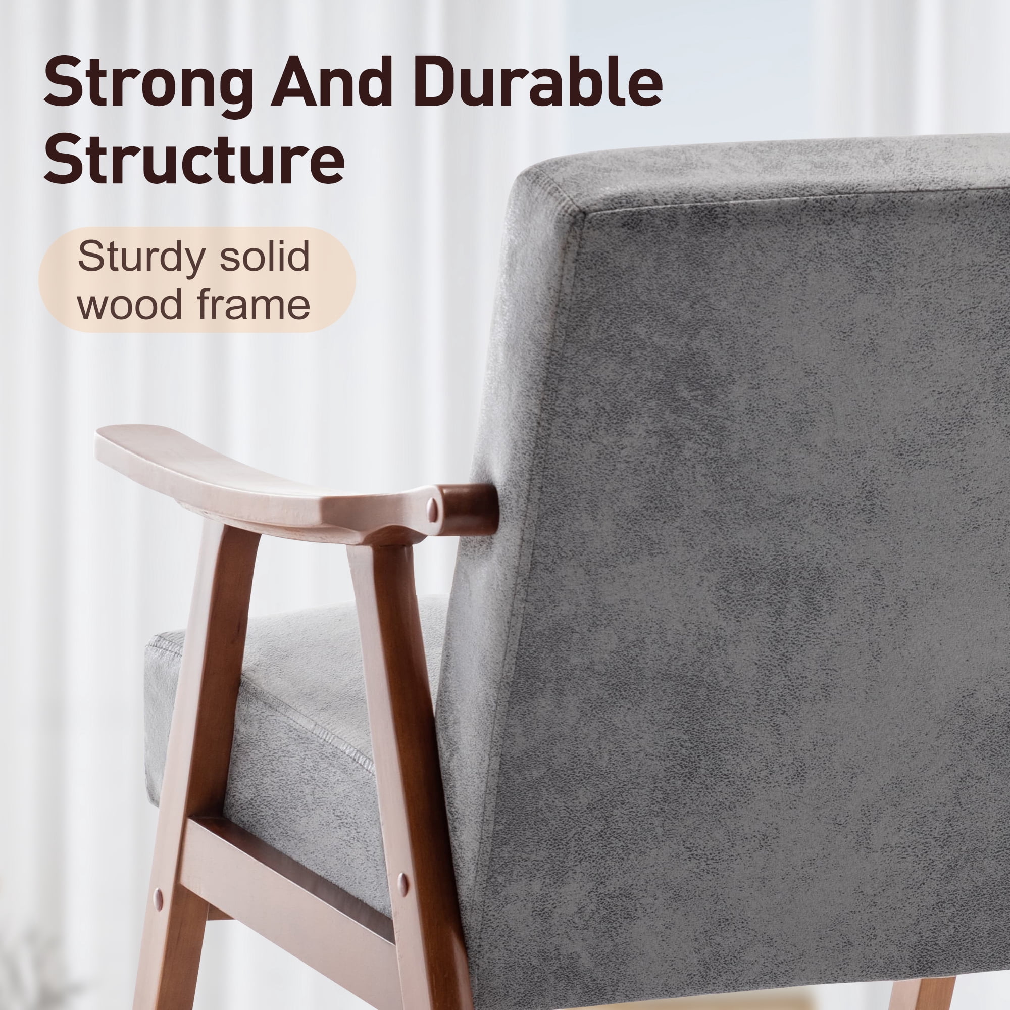 Accent Chair, Mid-Century Modern Armchair with Solid Wood Legs, Reading Leisure Chair with High Back for Living Room Bedroom Waiting Room, Gray