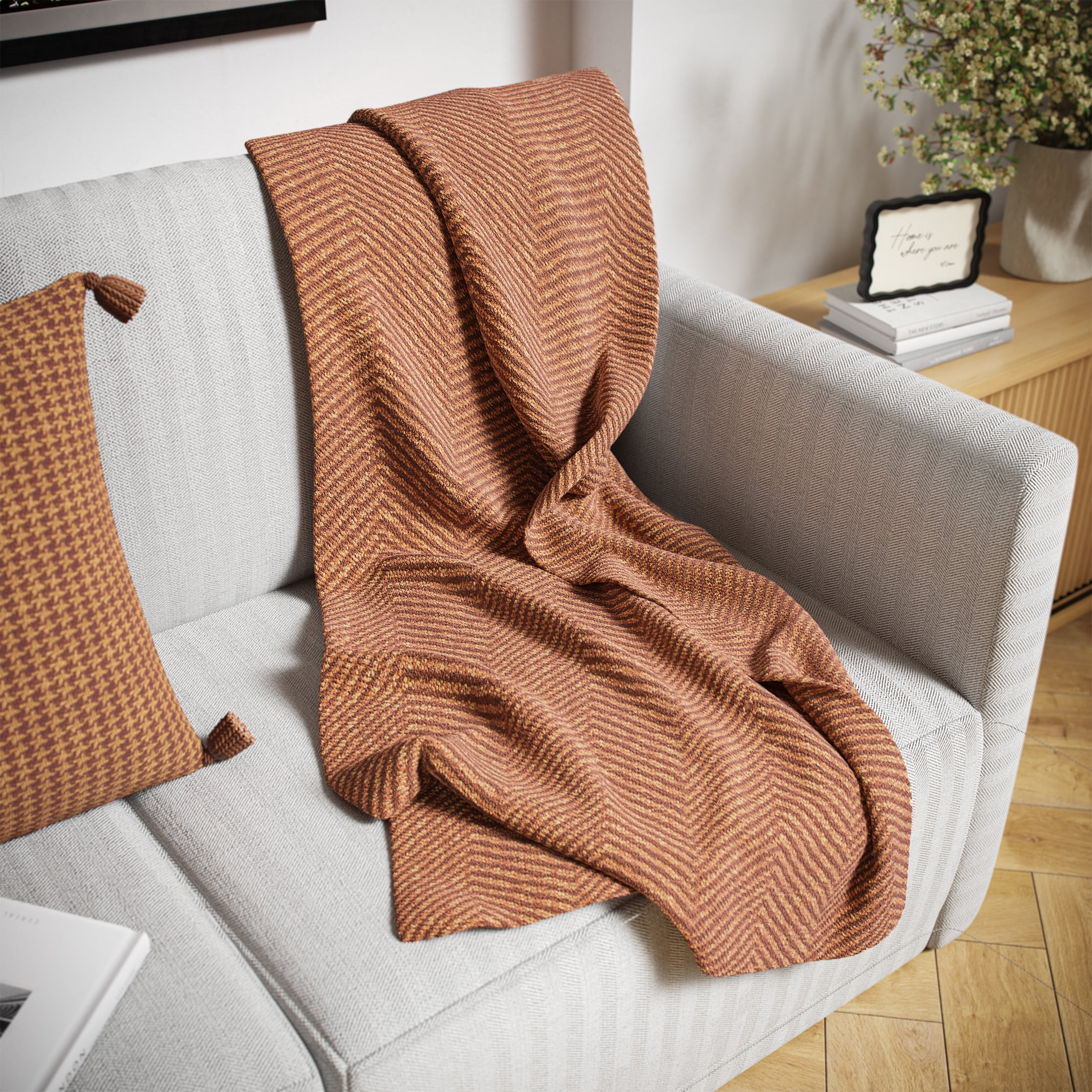 Beautiful Rust Woven Herringbone Throw by Drew Barrymore, 50" x 60"