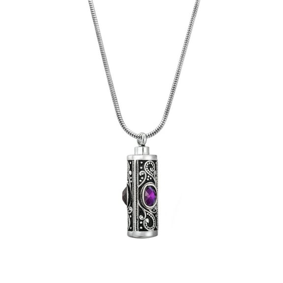 Women's Purple Rhinestone Stainless Steel Cylinder Funeral Cremation Urn Necklace for Ashes Keepsake Remembrance Stainless Steel Memorial Pendant with Free Funnel Kit and Velvet Jewelry Box