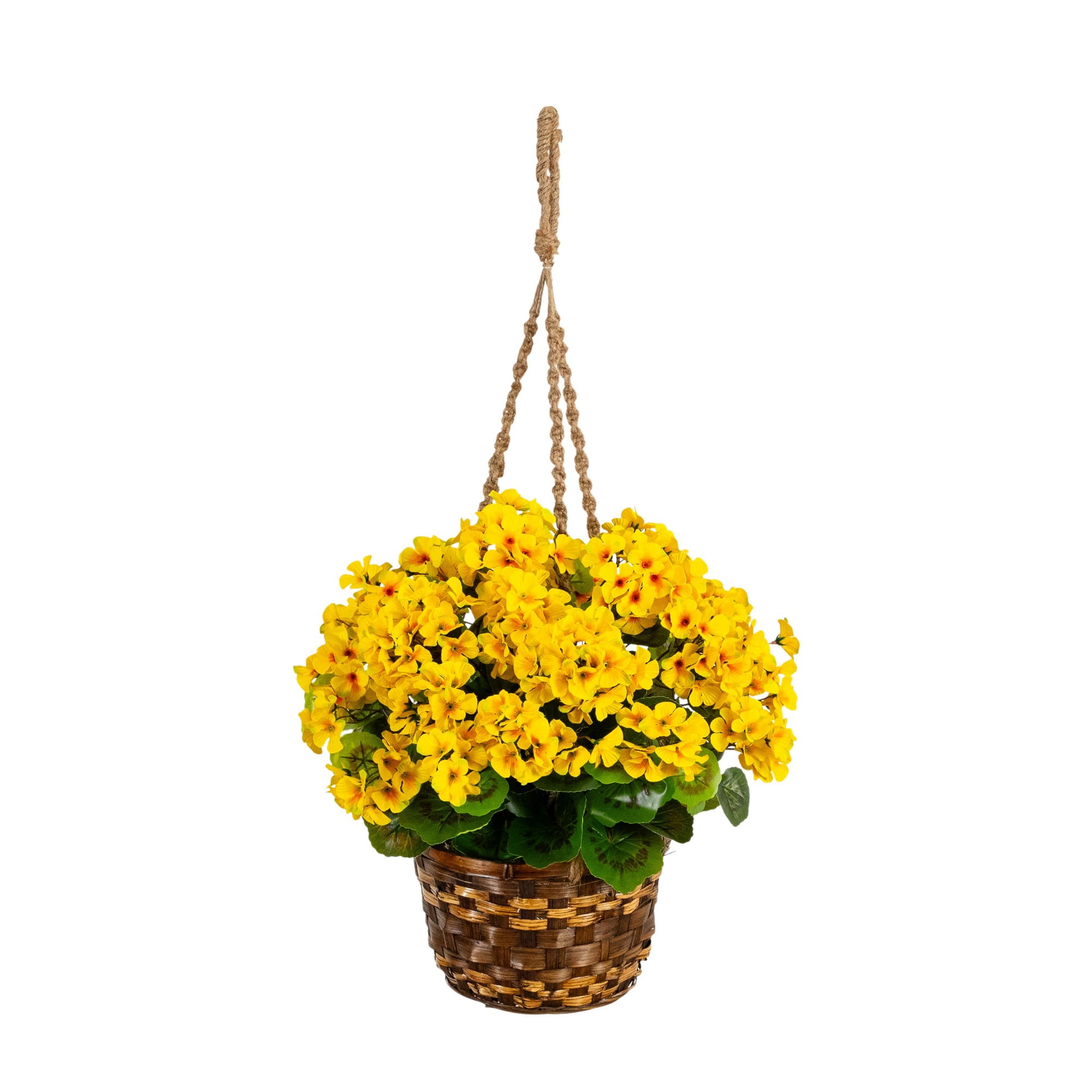 Nearly Natural UV Resistant Outdoor Artificial Geranium Plant in Hanging Basket - 19" - Yellow