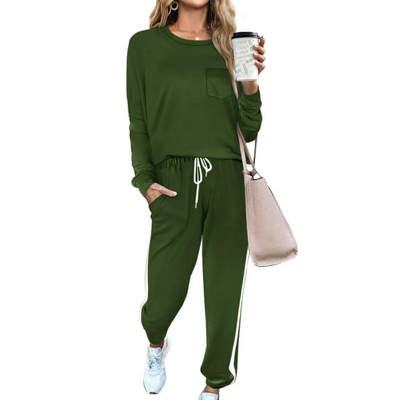 Fashion Two Piece Sets for Women Plus Size Two-piece Sets Solid Long Sleeve Round Neck Tops Shirt And Drawstring Long Pants Suit Gifts for Womens