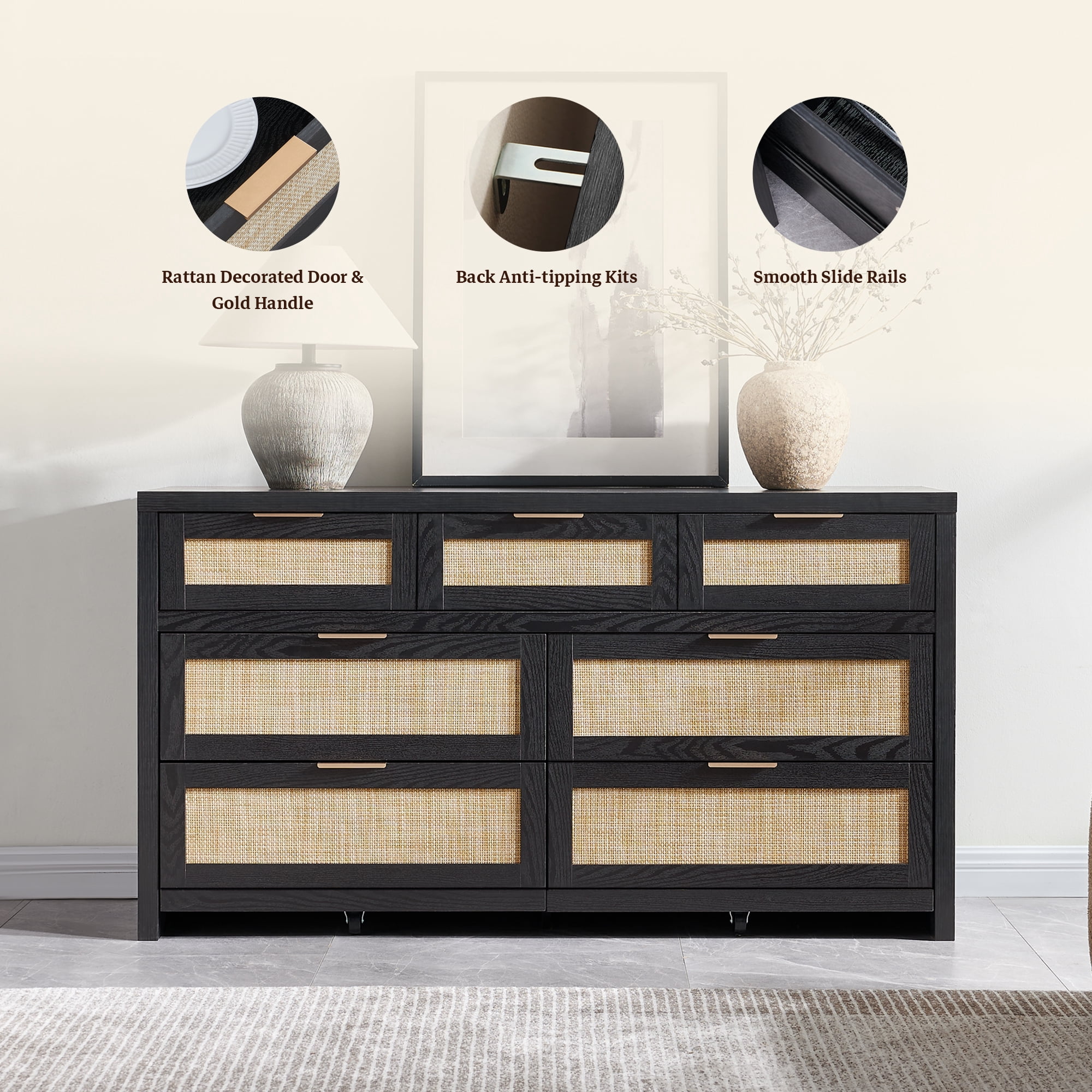SICOTAS 56.88" Wide 7 Drawer Tall Dressers, Boho Dresser with Oversized Storage Space Rattan Dressers & Chests of Drawer Engineered Wooden Dressers for Bedroom,Black Oak