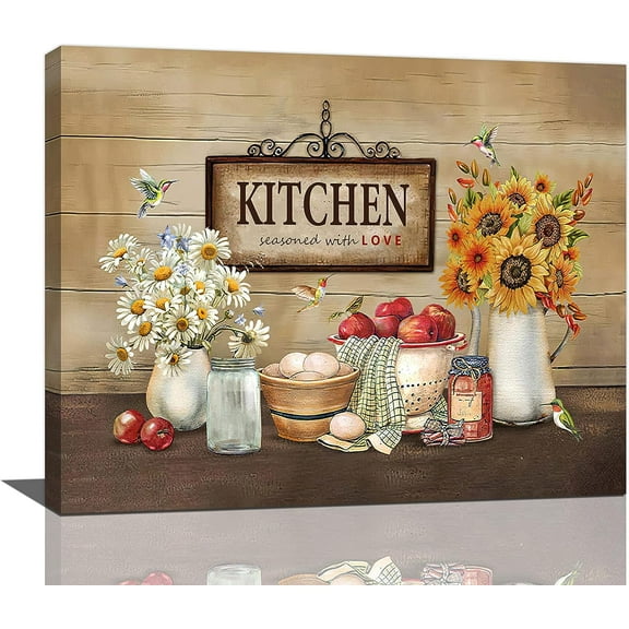 Kitchen Wall Decor Rustic Farmhouse Kitchen Wall Art Country Daisy Sunflower Food Pictures For Wall Canvas Print Artwork For Kitchen Dining Room Framed 20"x16"