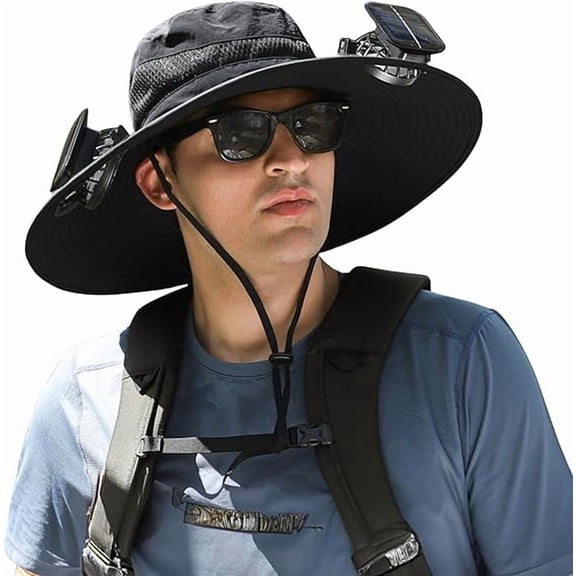 Wide Brim Sun Hat with 2 Solar Fans, Solar & USB Rechargeable, Men and Women Sun Fan Hat with 7 Blades and 3 Speeds for Hiking, Camping and Fishing