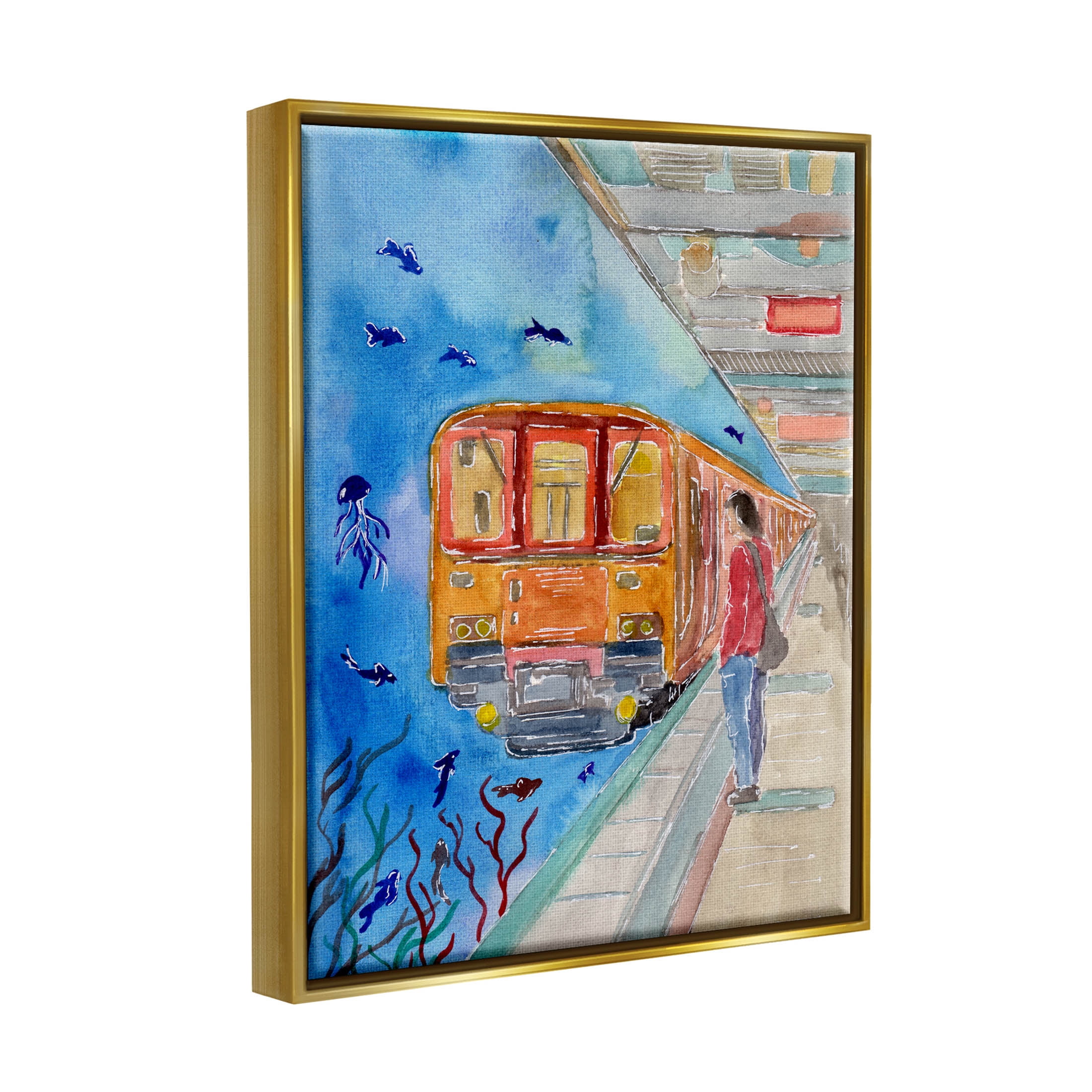 Underwater Aquarium Subway Train Landscape Painting Metallic Gold Framed Art Print Wall Art