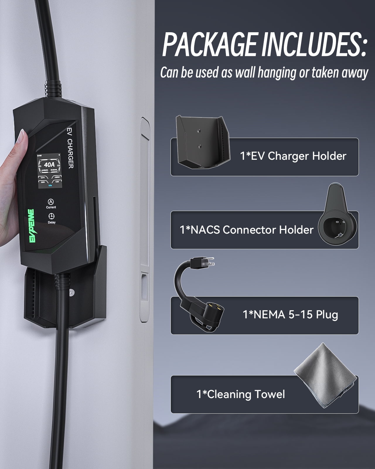 EVPEIWE Level 1/2 EV Charger for Tesla, 40A Electric Vehicle Charger for Tesla with NEMA 14-50 Plug & 5-15 Adapter, 25ft Home Portable NACS Wall Charger Compatible with Model 3/Y/X/S/Cybertruck