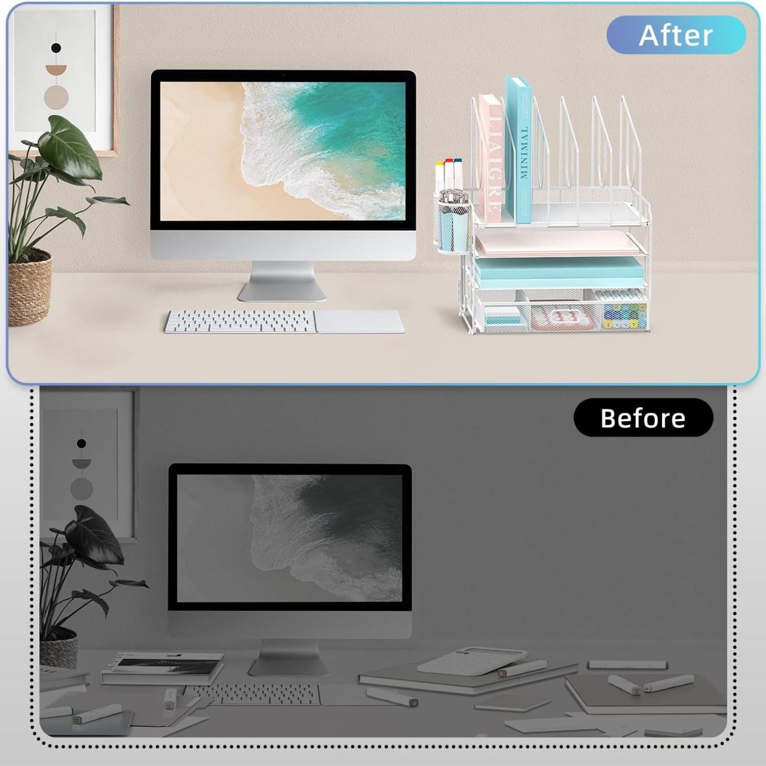 INTIGE 4-Tier Mesh Desktop Organizer with Drawer, 5 Vertical File Holders and 2 Pen Holders, White