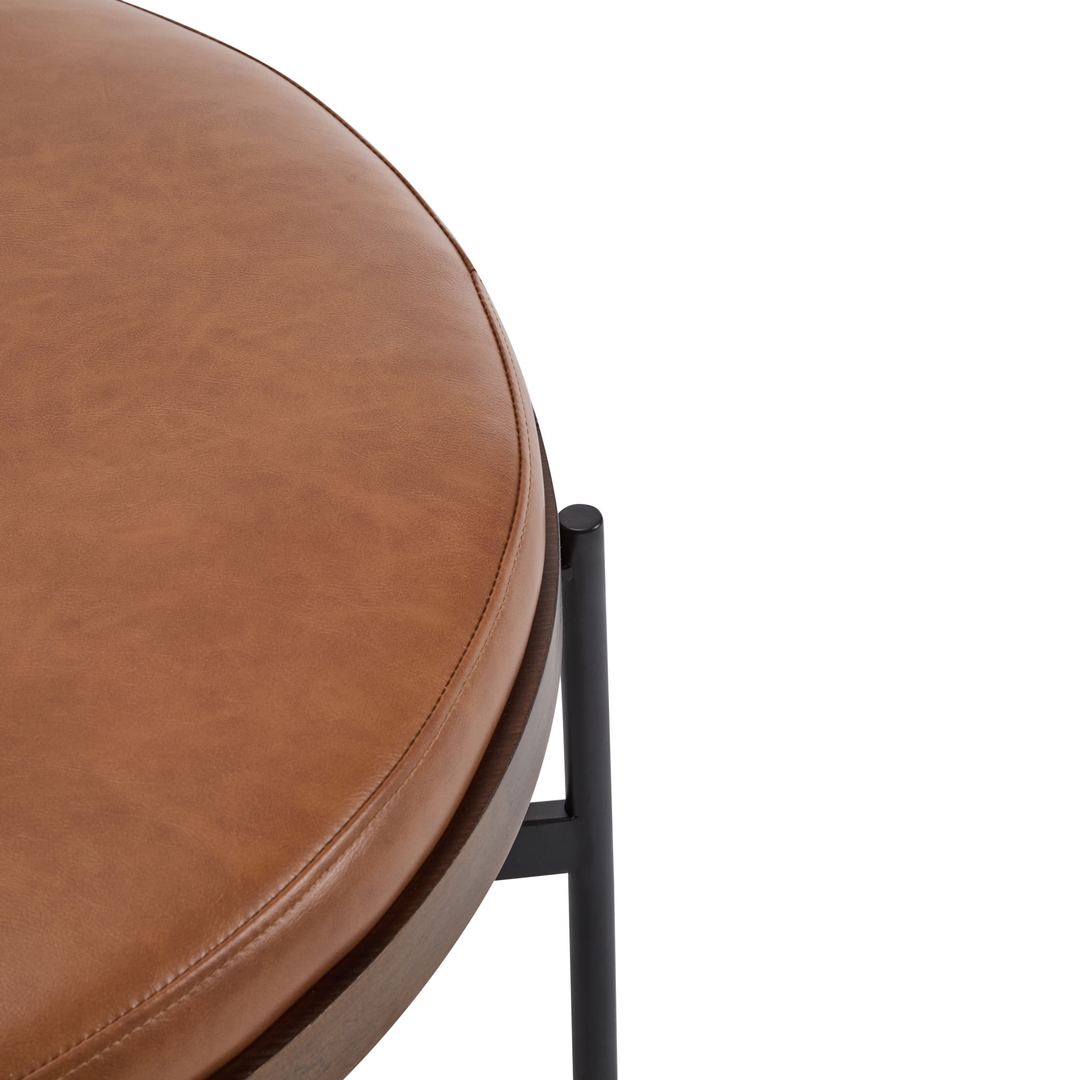 Casual Home 36'' Modern Round Cocktail Ottoman with PU Upholstery and Metal Base, Brown and Black