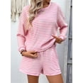 thumbnail image 5 of 2 Piece Sets for Women Summer Cute Stripe Long Sleeve Knit T Shirts Shorts Matching Lounge Set Pink L, 5 of 8