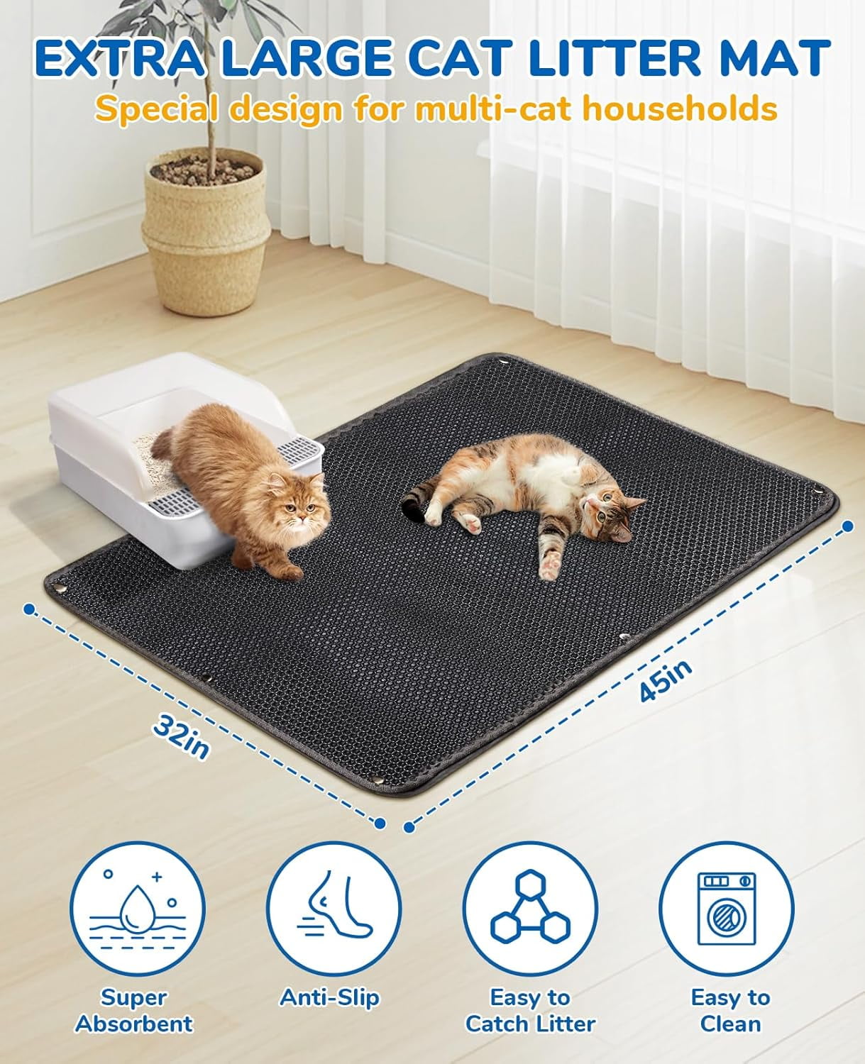 45"x32" Extra Large Cat Litter Mat, Honeycomb Double Layer Kitty Litter Trapping Mat, Urine Proof & Waterproof, Easy Clean, Machine Washable, Non-Slip, Scatter Control, Black