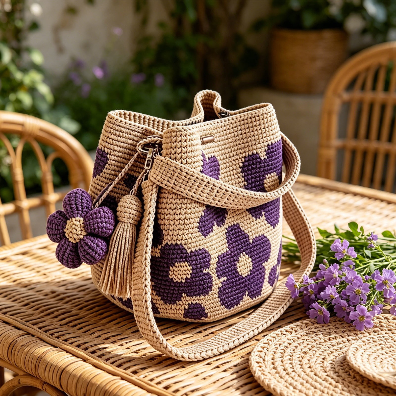 Crochet Crossbody Bag for Women, Boho Flower Shoulder Purse with Detachable Strap, Handmade Straw Mini Handbag for Summer Beach, Casual Everyday Use Gift