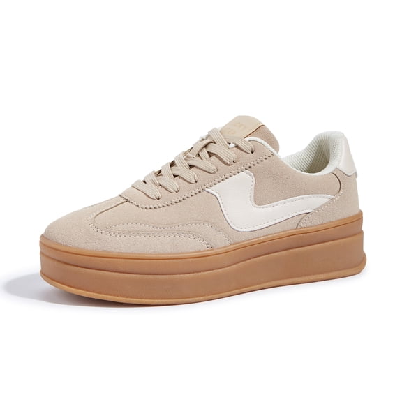 LUCKY STEP Womens Platform Fashion Sneakers Thick Sole Suede Faux Leather Casual Shoes,Beige