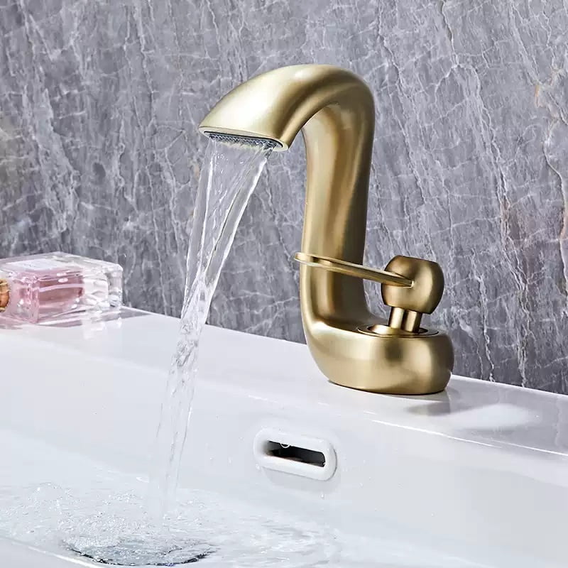 SOKNARKU Bathroom Sink Basin Waterfall Faucet Brass Deck Mount Single Hole Single Handle Cold And Hot Mixed Modern Creative Design Tap Including Two US Standard 3/8 Hoses Brushed Gold