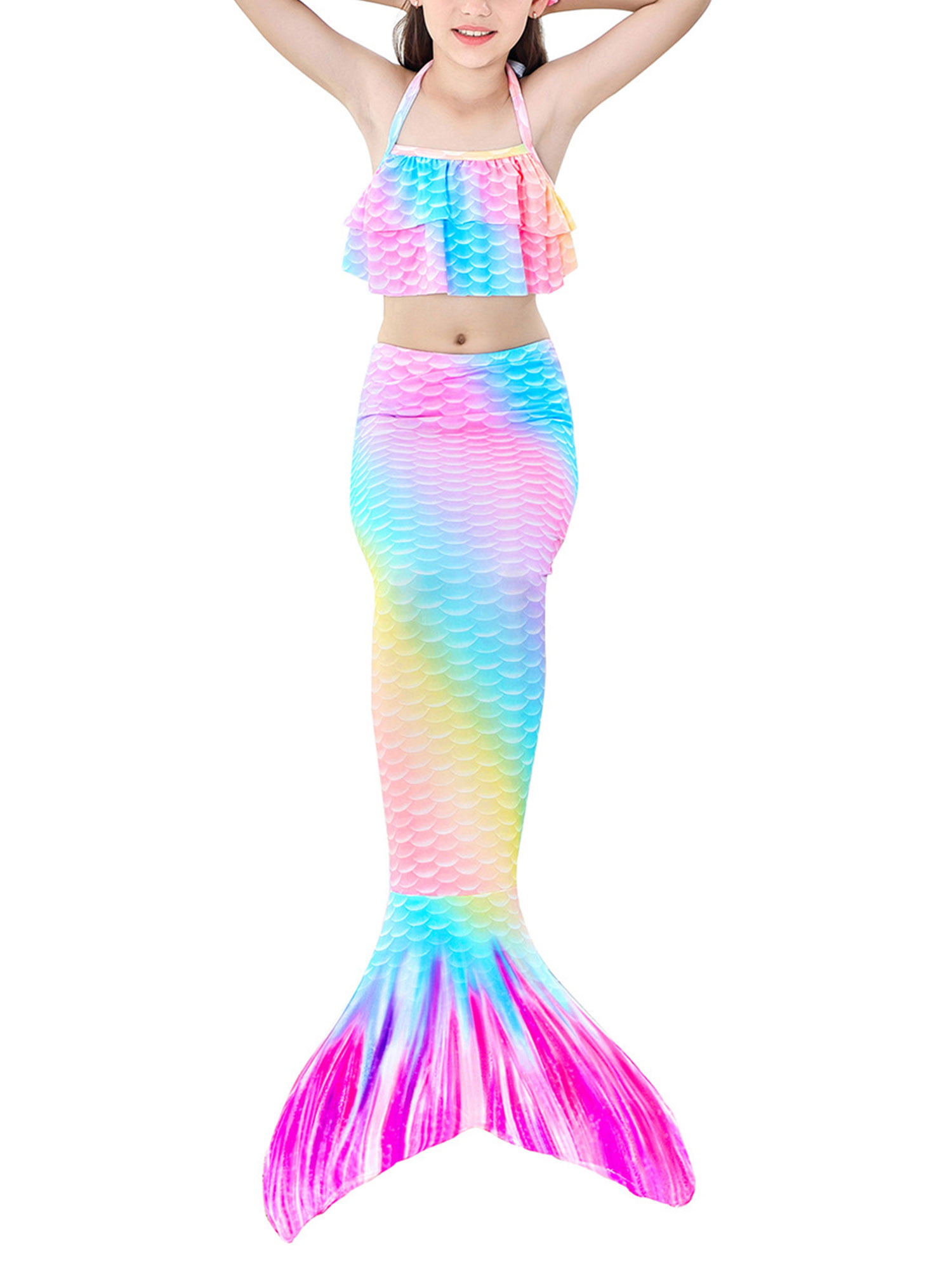 Girl Kids Mermaid Tail Swimmable Bikini Set Bathing Swimsuit Fancy Costumes 3Pcs 