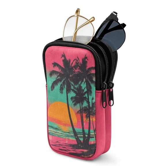 SEANATIVE Double Glasses Case Soft Neoprene Zipper Sunglasses Pouch with 2 Pockets, Eyewear Holder for Women Men Travel Glasses Organizer Pouch, Tropical Beach Sunset Palm Tree Pink Green Orange